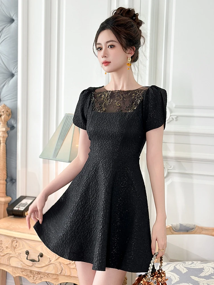 Minivestido negro Vintage elegante para mujer, vestido Retro bonito de seda con vuelo, Vestidos de fiesta para mujer, ropa informal diaria para mujer