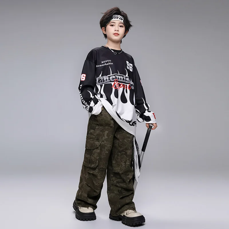 

Kid Cool Hip Hop Clothing Black White Flame T Shirt Camouflage Casual Wide Cargo Pants for Girl Boy Jazz Dance Costumes Clothes