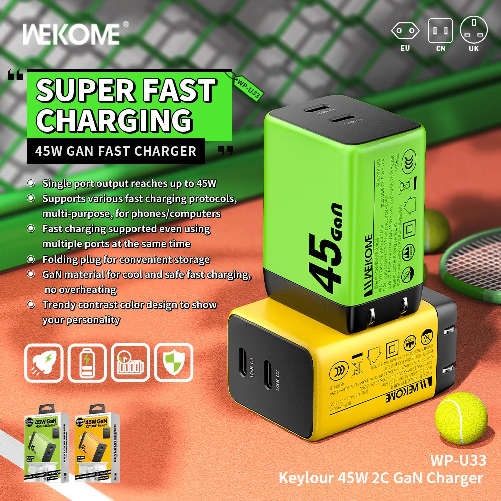 WEKOME European PD45W Gallium Nitride Fast Charging Head Suitable for Huawei VIVO Dual C-Port Mobile Phone and Computer Charger