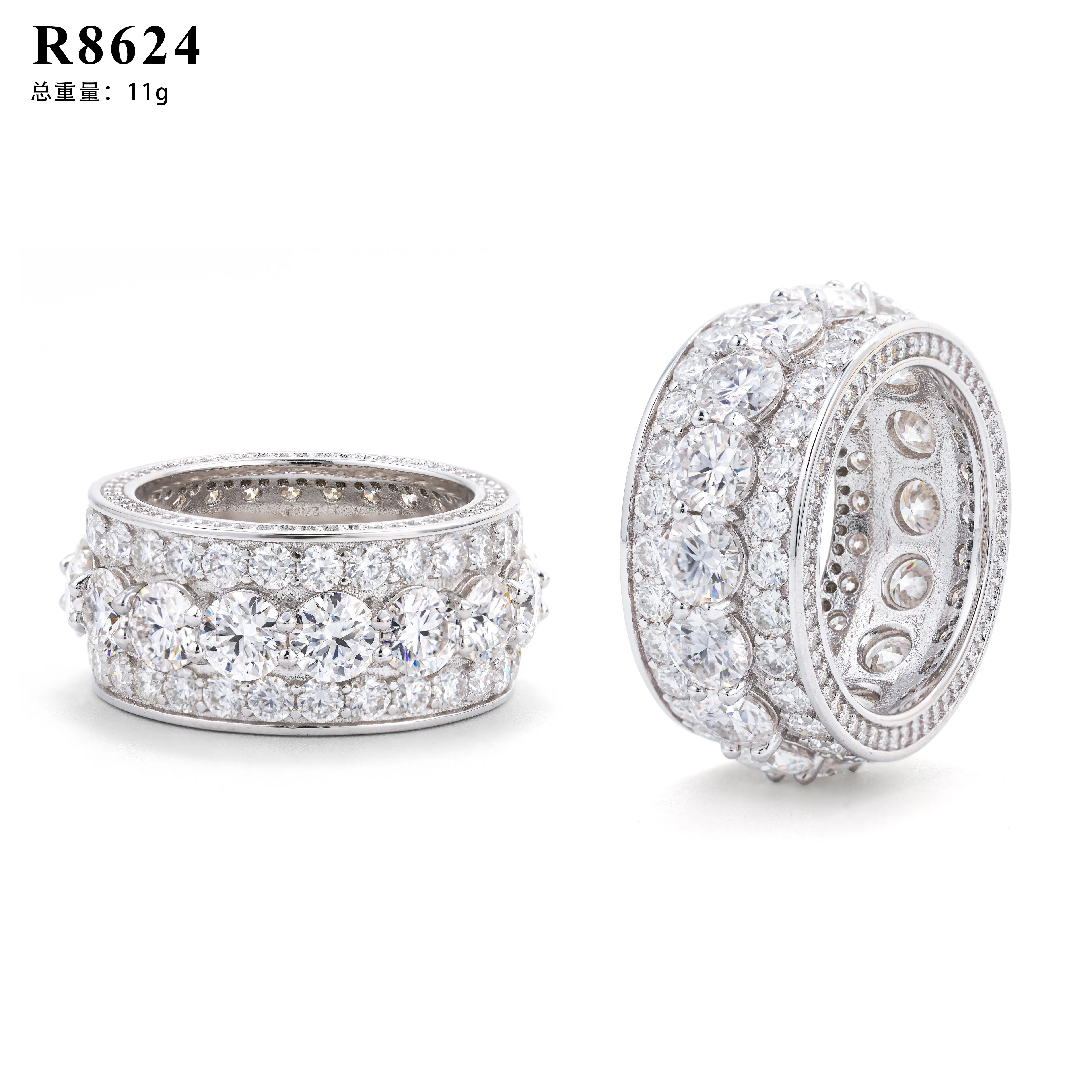 R8624 3 Rows D Moissanite Ring 925 Sterling Silver Pave Pave Setting Band Hip Hop Rings for Man Women Sparkling Jewely