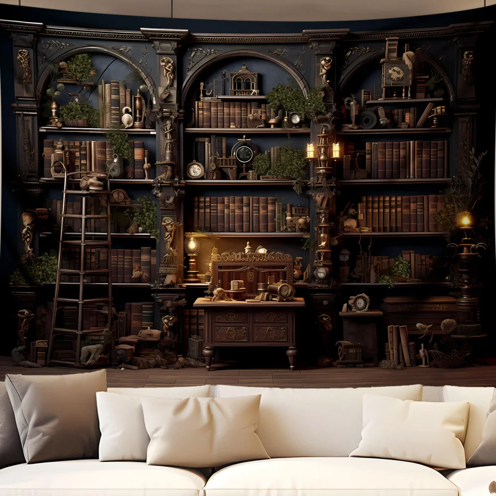 VIKAMA Mittelalterlicher Bücherregal-Wandteppich, Vintage-Bücherregal-Libellenhintergrund für Schlafzimmer, Wohnzimmer oder Büro, Wandbehang, Heimdekoration
