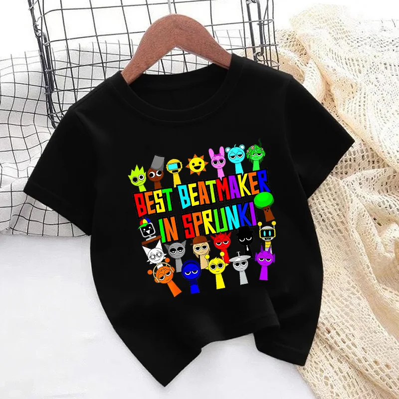 Sprunki Character Print Cartoon Kids T shirt Funny Girls Summer Tops Baby Boys Clothes Black Children Short Sleeve T-shirts