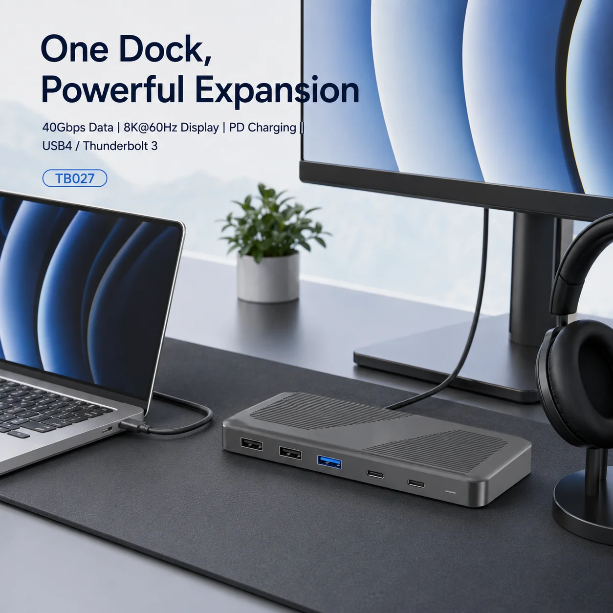 Thunderbolt 4 Hub 40Gbps USB4 Docking Station 8K 60Hz Thunderbolt 4 Ports 60W PD Powered Aluminum Type C Hub for Book
