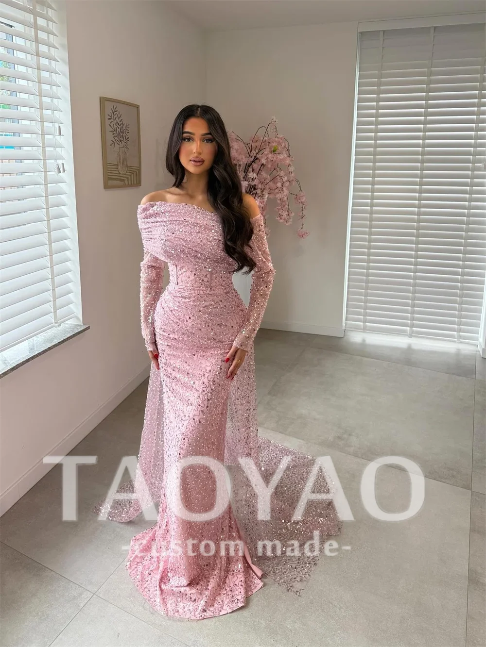 

Customized Pink Off Shoulder Sqeuins Beaded Prom Dresses Mermaid 2025 Long Sleeves vestidos de noiva Train Formal Evening