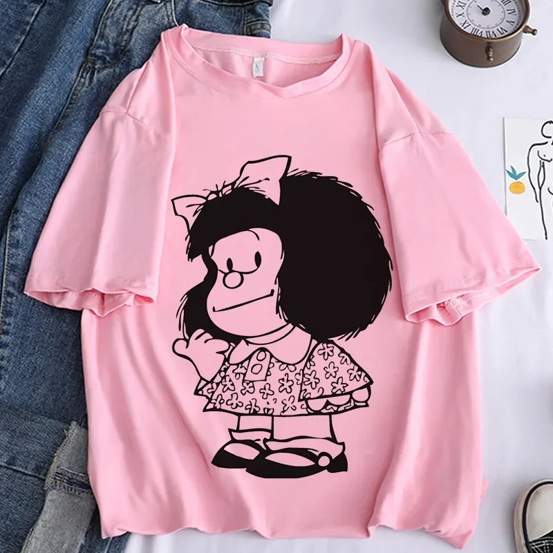 Mafalda Kawaii Graphic Print T-shirt Women Harajuku Aesthetic Pink Tops Y2k Tshirt 2024 New Summer Fashion Anime Female T Shirt