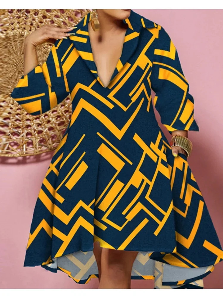 Dress for Women 2023 NEW Casual Plus Size Abstract Print Flowy Shirt Dress Vestidos De Mujer Elegant Boho Mini Robe Female