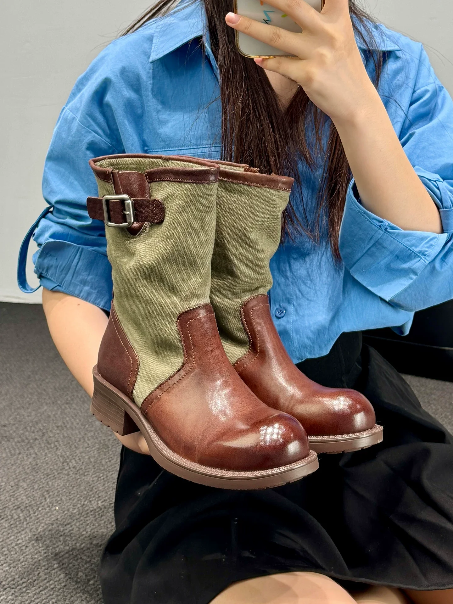 Vintgae Mens Autumn Denim Spliced Split Leather Ankle Boots Round Toe Buckle Slip On Motorcycle Riding Boots Vintage Work Shoes