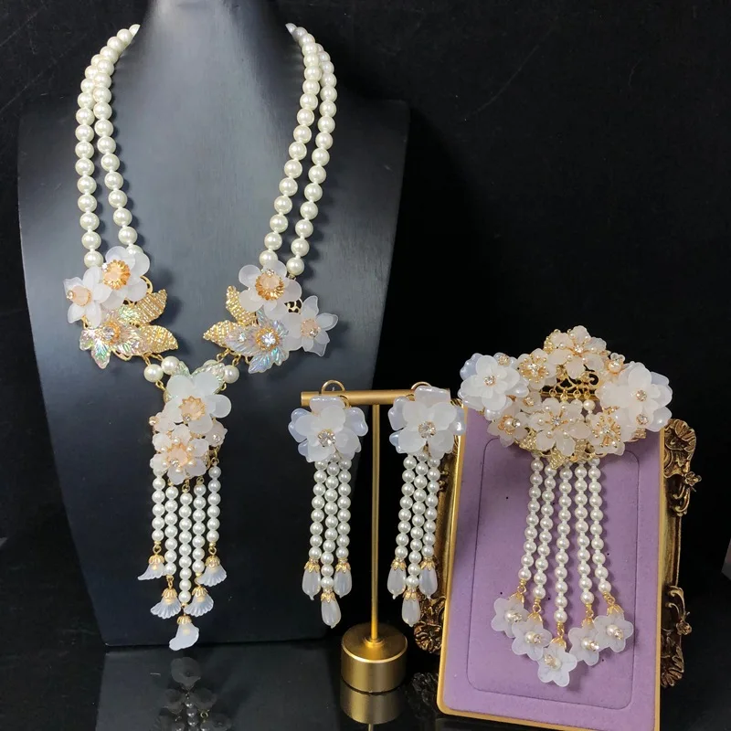 Vintage  hand-woven pearl tassel pendant floral necklace earrings brooch magnificent jewelry set