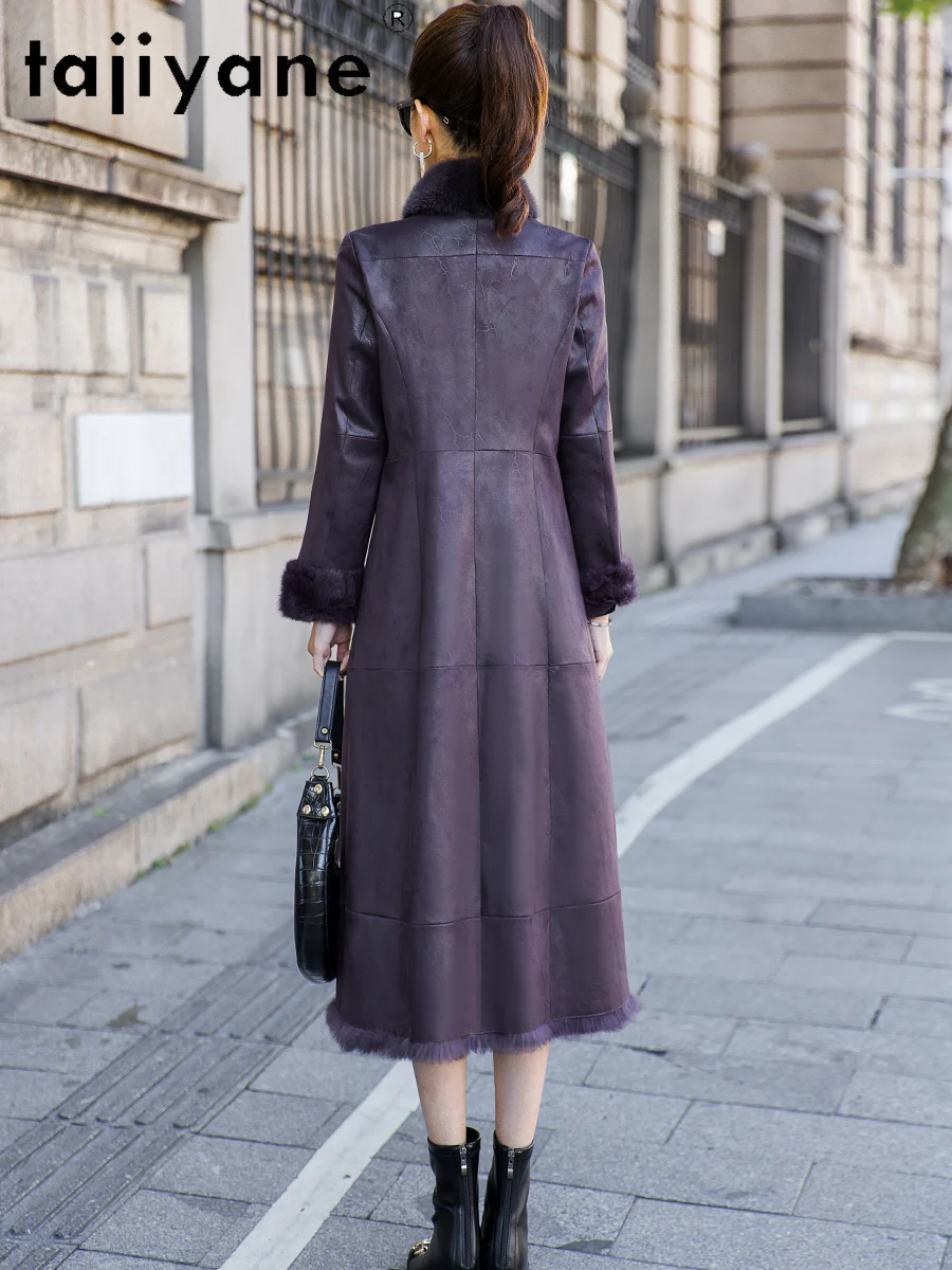 タジヤネ 本物のウサギの毛皮 レディース ロングコート ミンクファー襟付き 高級 スリム 冬用 女性用ジャケット 2025 女性服 レディース服