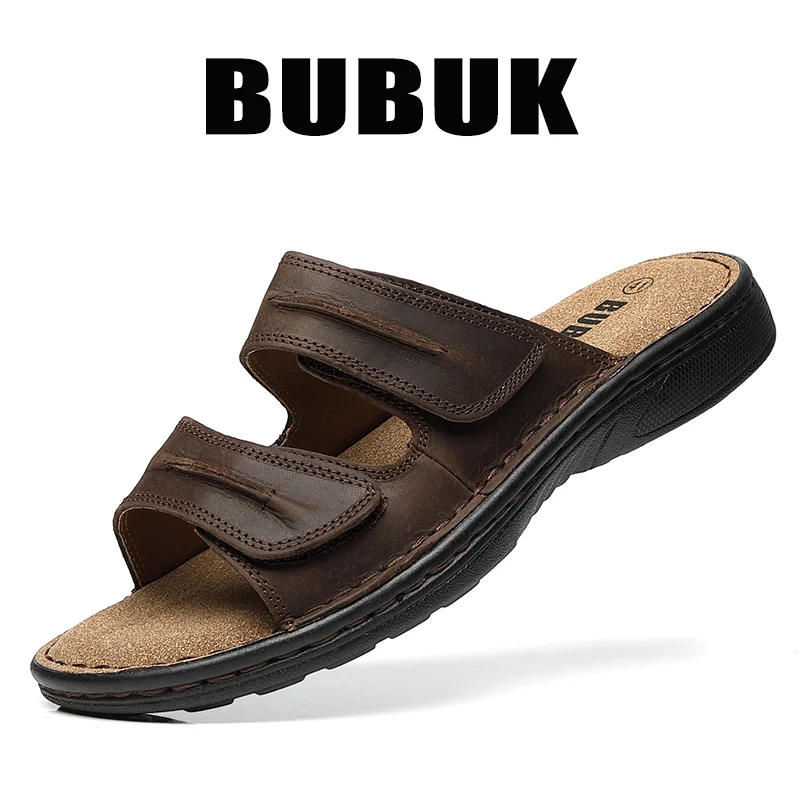 Bubuk Men's Genuine Leather Sports Slippers, Stylish First Layer Cowhide Casual Shoes for Men, with Arch Support, Suitable for Summer Hiking, Travel, and Work