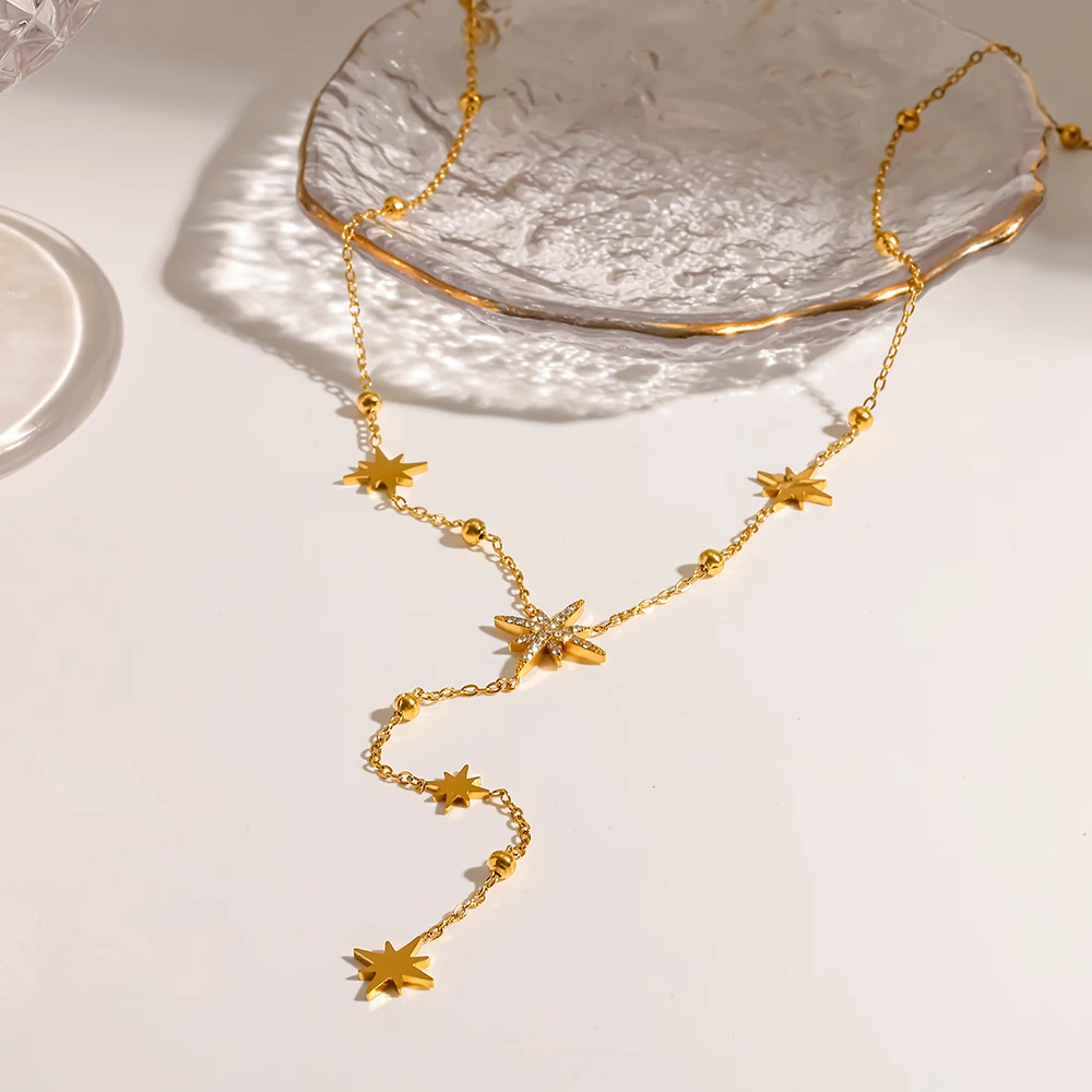 Exquisite 18K Gold Plated Pavé Eight-Point Star Y-Shaped Necklace Stainless Steel Waterproof Chain Luxury Jewelry for Women Gift