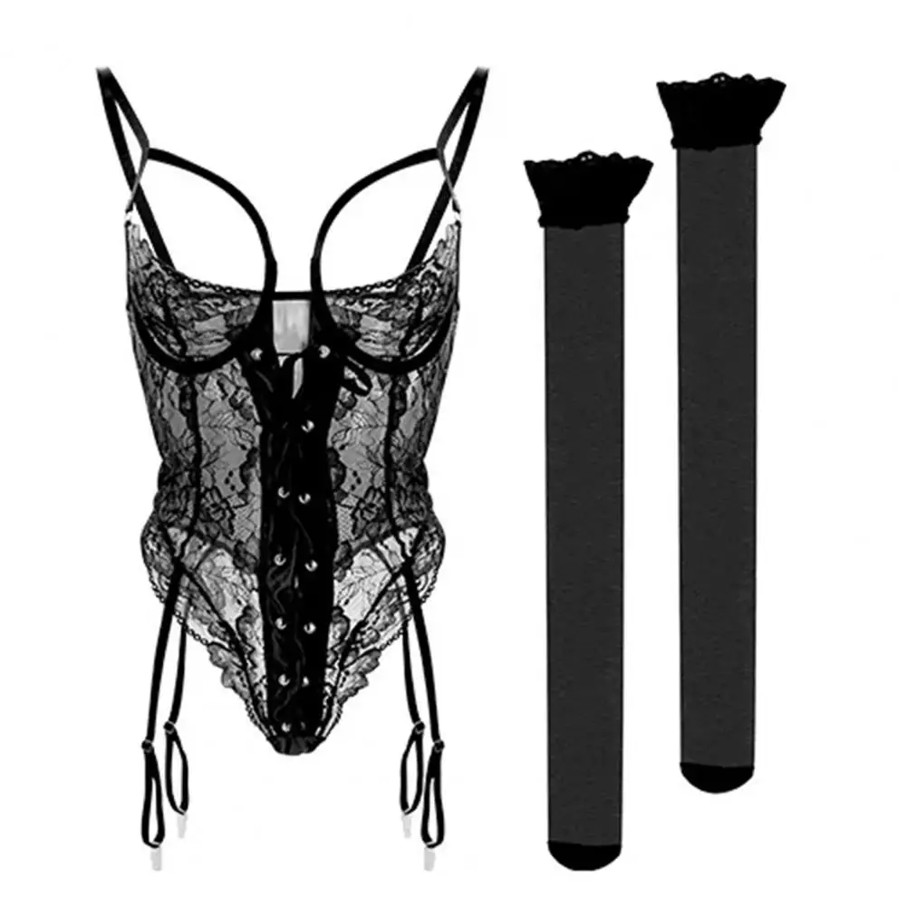 

2Pcs/Set Sexy Underwear Set Deep V-Neck Bandage Jumpsuit Stockings Set Lace Splicing Hollow See-Through Sleepwear