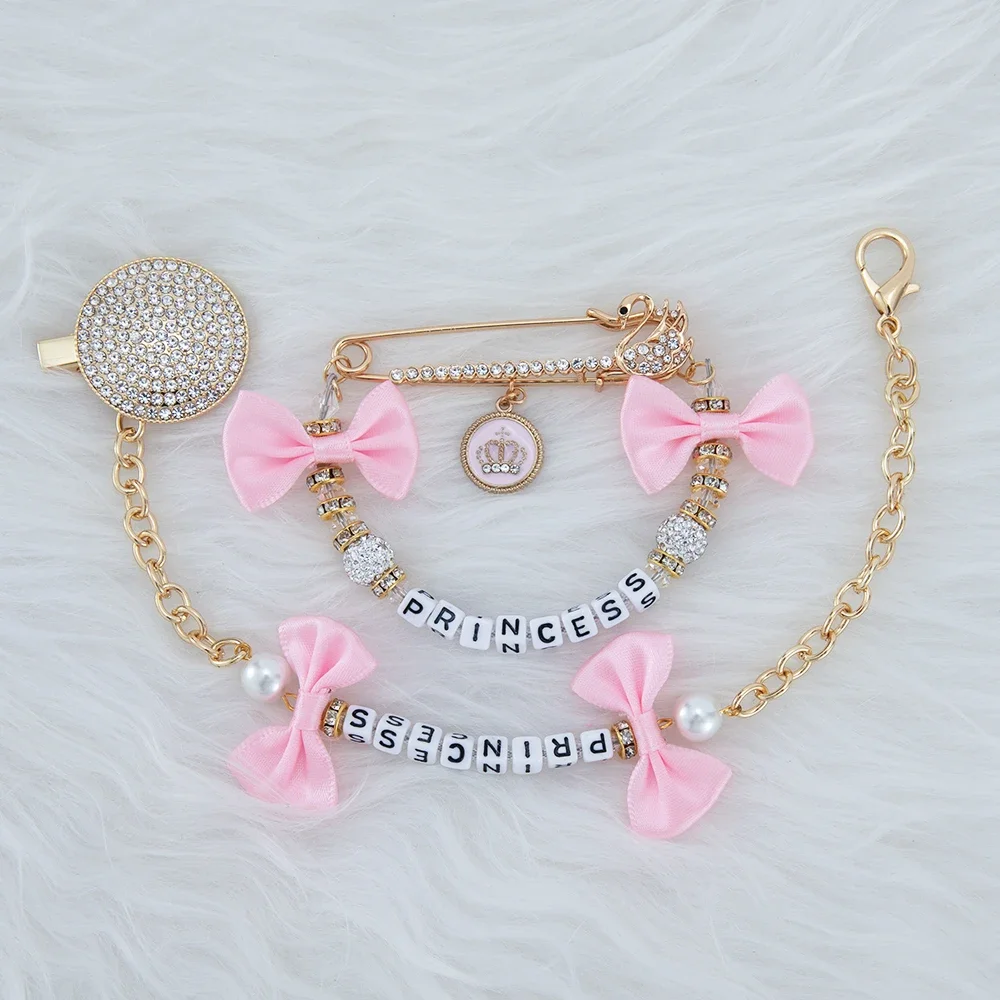 MIYOCAR Any name Bling rhinestone bow pink dummy clip holder pacifier clips holder and stroller chain stroller toy set