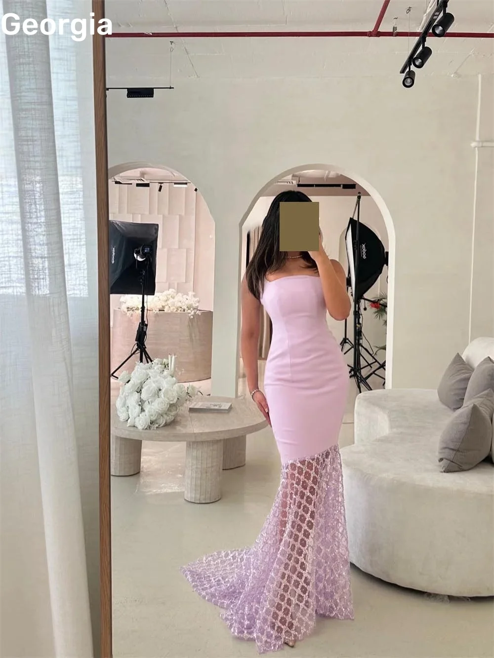 فساتين سهرة Strapless A-Line Pink Elegant Party Dresses For Women Floor-Length Lace Formal Occasion Dresses Zipper Up Sleeveless