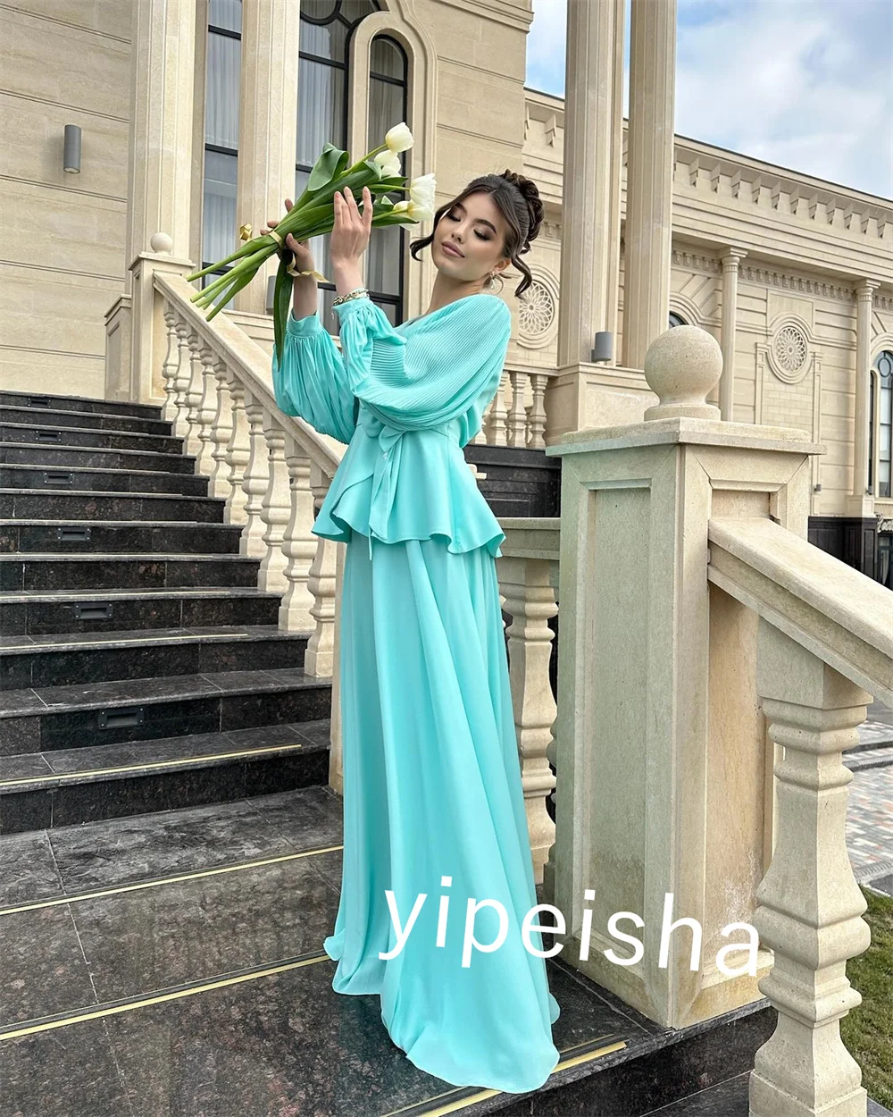 Customized Chiffon Flower Celebrity A-line V-neck Bespoke Occasion Gown Long Dresses