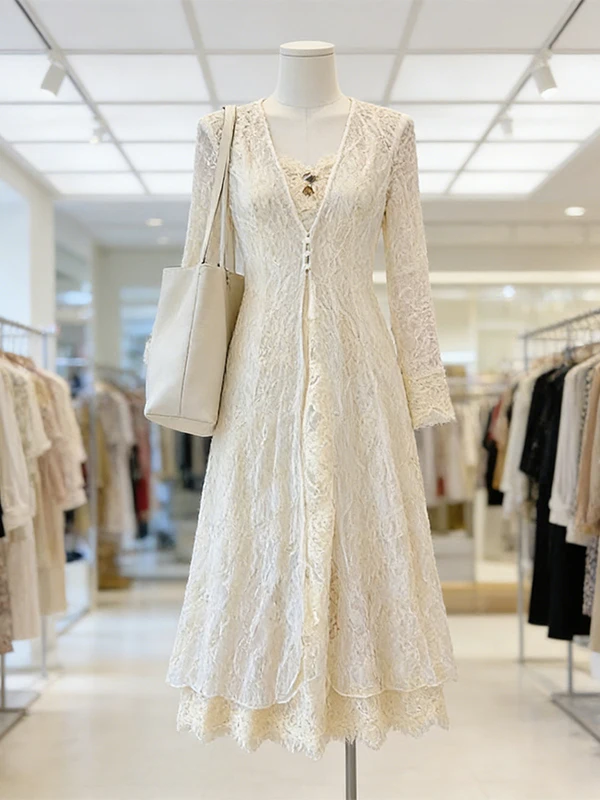 

plus Size Women's Summer Long Lace Open Cardigan Strap Dress Two-Piece Set Korean Style Slim Fit High Waist Long Sleeve