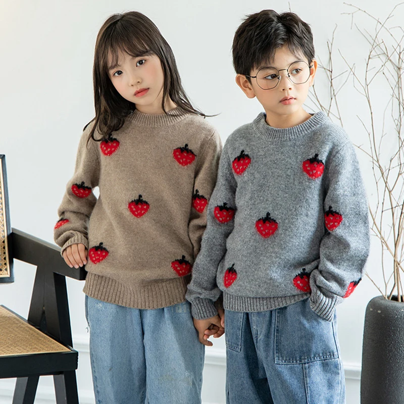 

Boys Winter Wool sweater Childrens Strawberry Jacquard knitted sweater girls Thickened warm cashmere pullover Tops Kids clothes