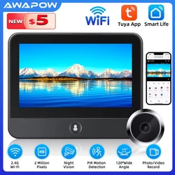 Awapow Tuya Wireless Radar Doorbell Wifi 1080P Door Peepholes Camera PIR Motion Detection Night Vision 4.3 Inch Rechargeable