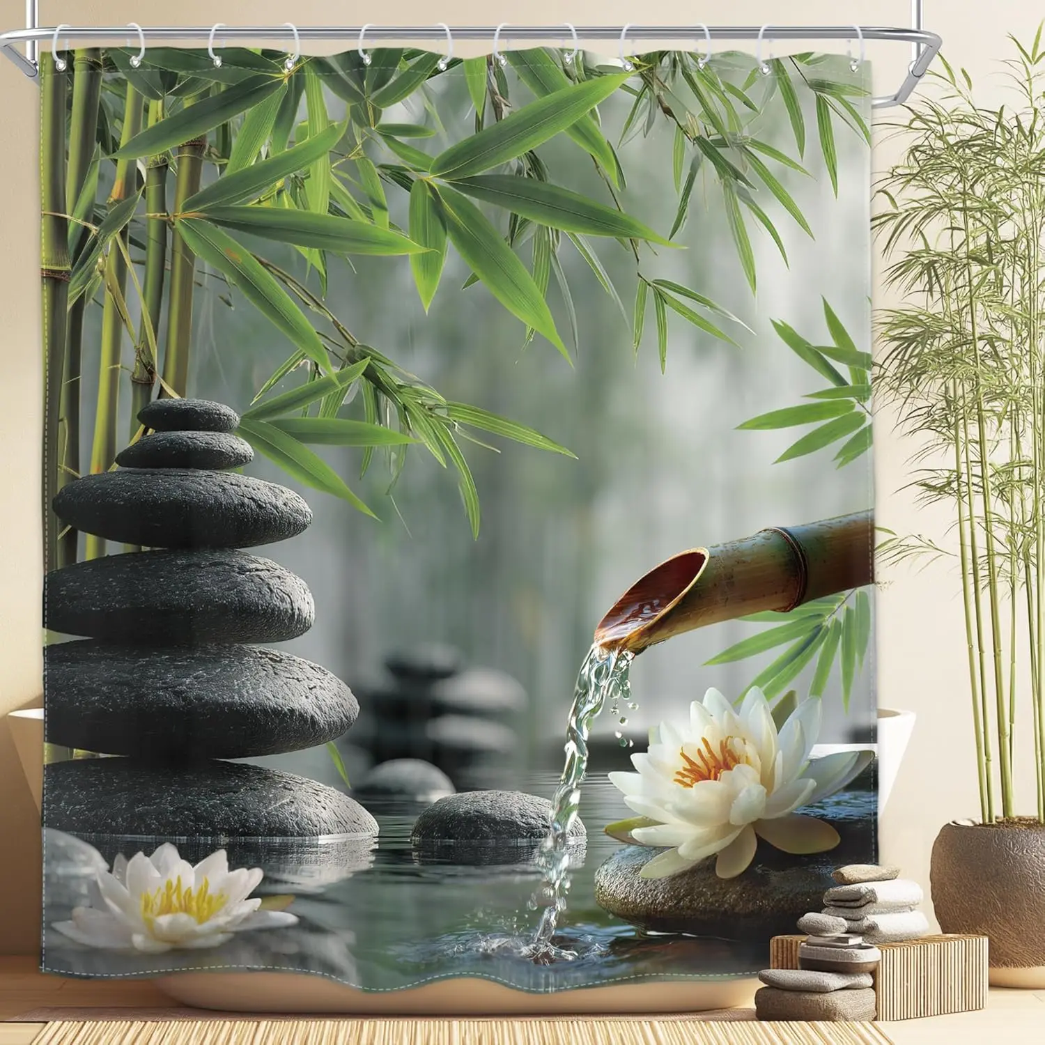 Zen Stone Meditation Shower Curtain Green Bamboo Grove White Lotus Spa Meditation Inspirational Positive Spa Relaxing Candle