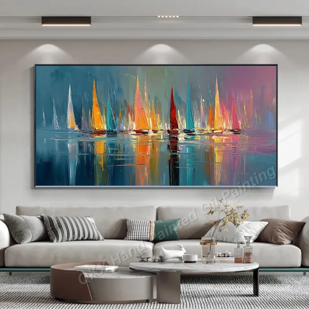 Impressionist Vibrant Sailboat Seascape Abstract Wall Art 100% Handmade Oil Painting on Canvas Decor for Living Room