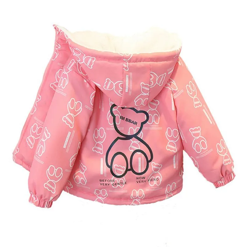 

Girls Cartoon Bear Jackets Winter Add Velvet Thick Warm Coat Girls Sports Casual Windbreaker Outerwear Kids Christmas Clothes