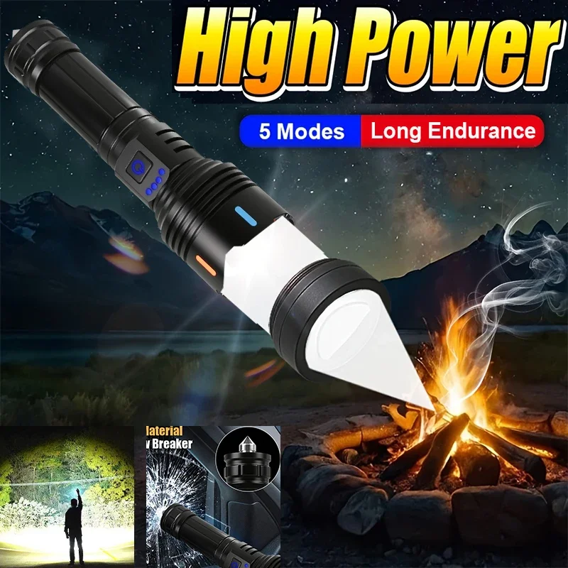 

High Lumen Tactical Flashlight,Zoomable Spotlight,5 Lighting Modes,Type-C Rechargeable,Power Bank,Alloy,Outdoor Camping Fishing