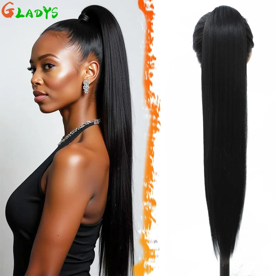 

28-дюймовый прямой хвостик на шнурке, длинные синтетические волосы, наращивание хвоста, натуральный черный хвост, наращивание для женщин