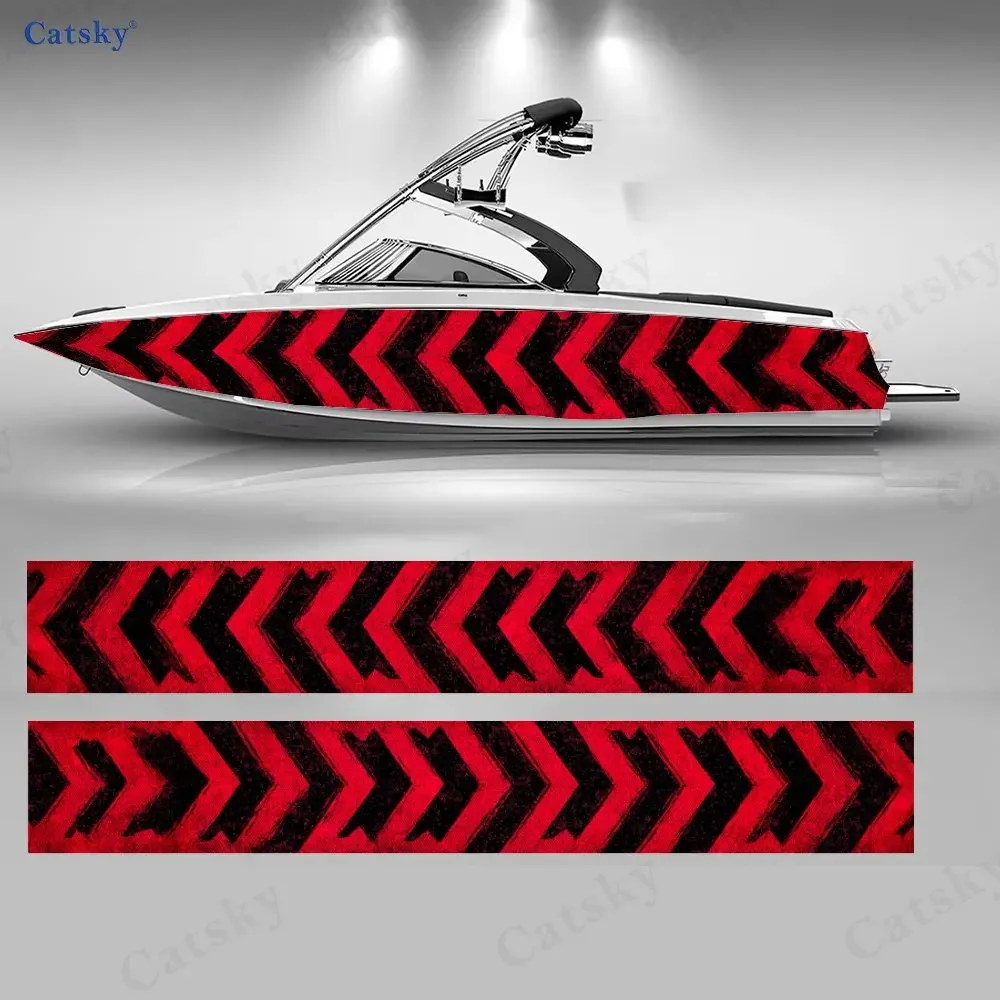 2Pcs Red-Black Maze Pattern Boat Stickers, PVC Waterproof Durable Vinyl Wrap Decals for Fishing Boat, Durable and Stylish Design
