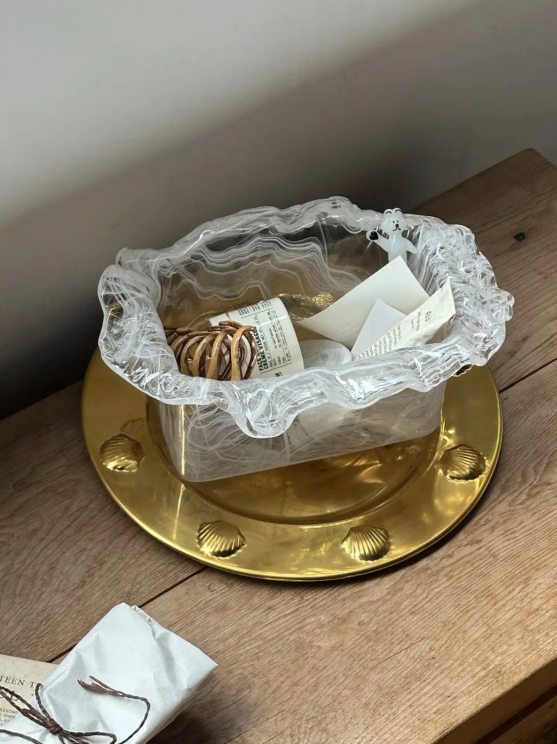 Creative Frosted Glass Storage Box with Lace Vintage Wave Design - Multipurpose Ins Style Organizer for Jewelry, Beer Bucket