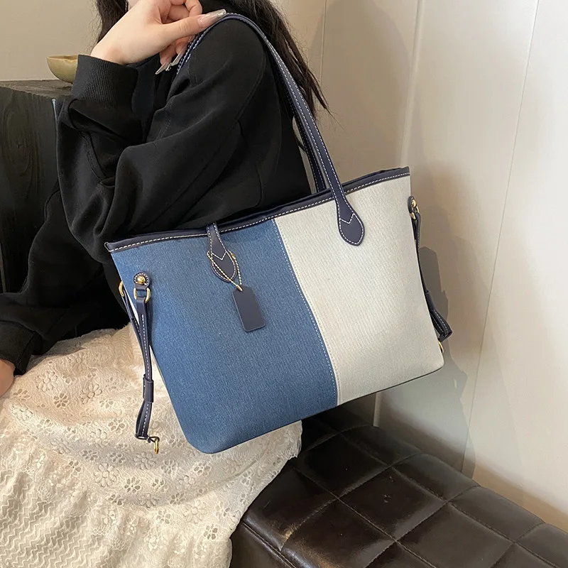 Fourre-tout haut de gamme pour femme, sac à provisions en denim, sac portable de grande capacité, à la mode et polyvalent, une mère initiée