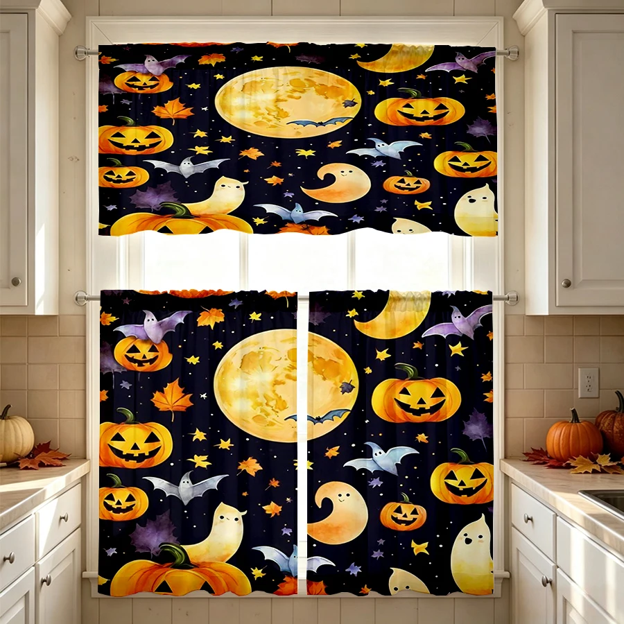 Halloween Fall Kitchen Curtains, Moon Pumpkin Bat Ghost, Digital Print, Kitchen Dining Room, Rod Pocket Polyester, Home Decor