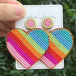 Rainbow Heart Beaded Earrings for Women Girls Men Bohemian Handmade Colorful Rainbow Earrings Love Dangle Ear