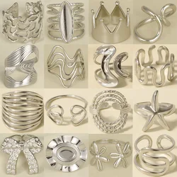 1Pc No Fade Women Vintage Irregular Wide Stacking Open Rings Stainless Steel Multilayer Geometric Stripe Chunky Bague Jewelry