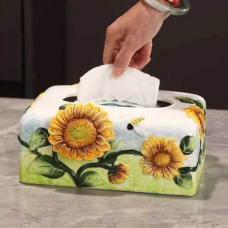 صندوق مناديل سيراميك عباد الشمس على الطراز الأوروبي الجديد، صندوق ورقي لتزيين طاولة القهوة المنزلية #1