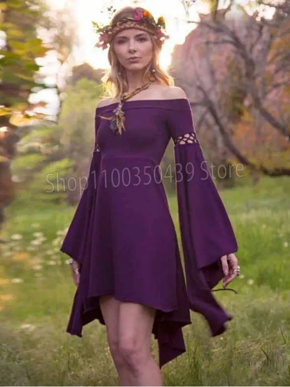 Adult Female Medieval Elf Victorian Costume Princess Robe Dress Sexy One Line Neck Strap Waist Corset Dress