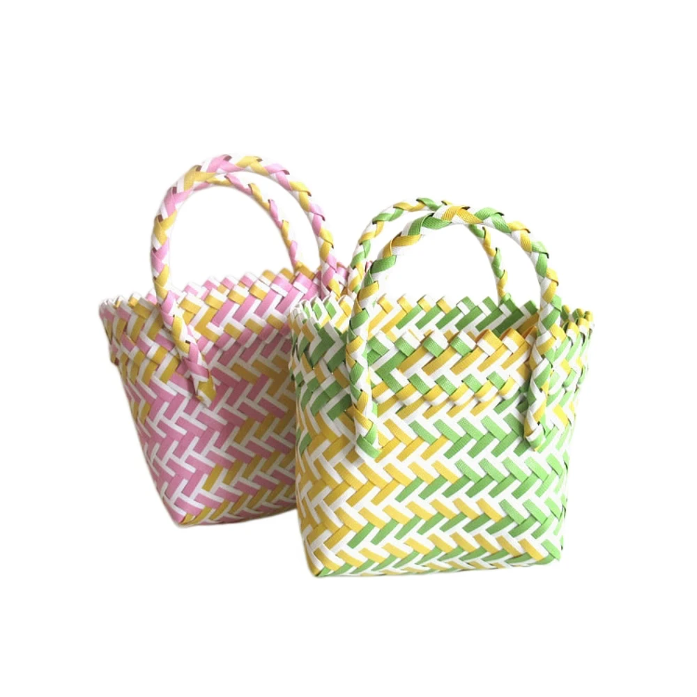 Summer Patchwork Knit Plastic Handbag Cute Square Handmade Little Basket Tote Bags Holiday Colorful Beach Women's Shopping Bag