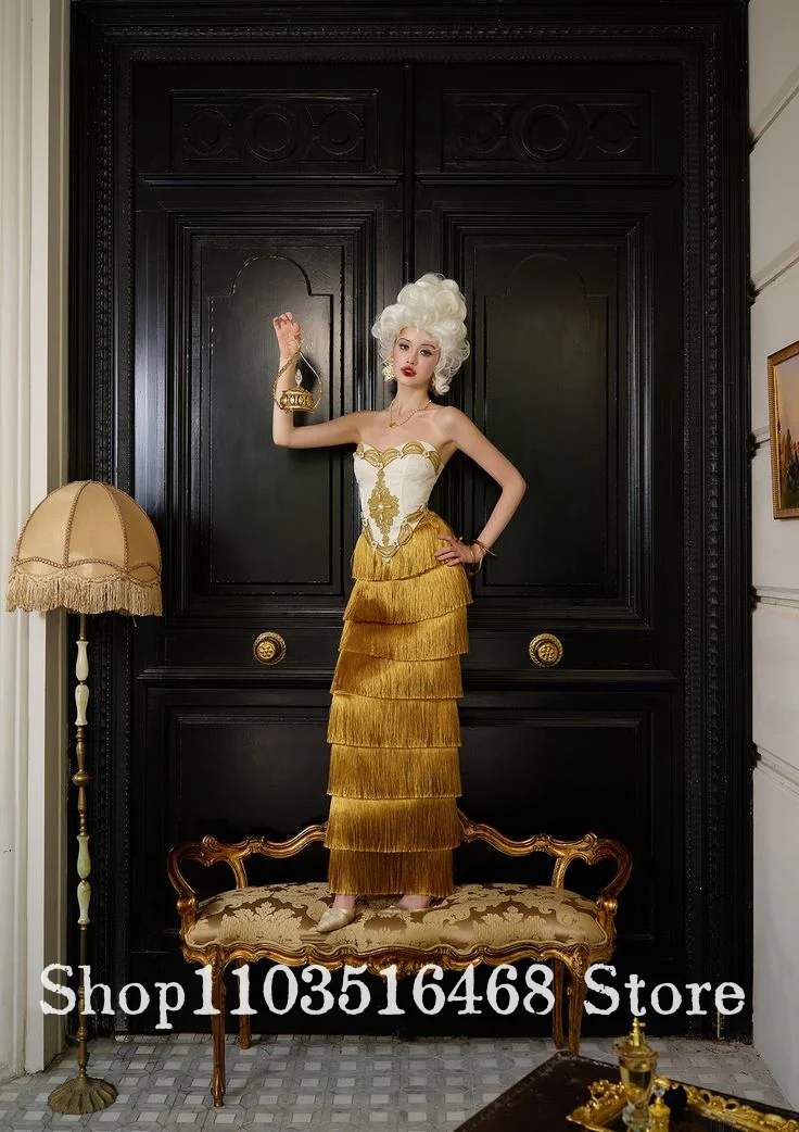 Aangepaste gember gele vintage Victoriaanse avondjurk geborduurd strapless korset franje zoom speciale gelegenheid baljurk