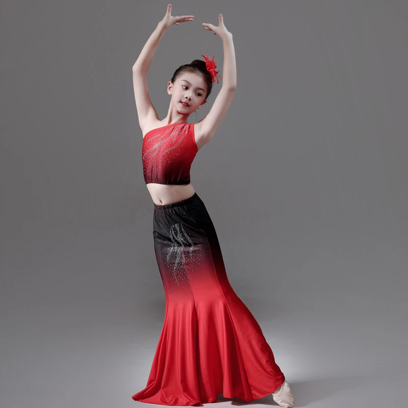 Child Dai Dance Costume Girls Peacock Fishtail Dress Performance Costume Kids Minority National Hmong Peacock Dancer Clothing