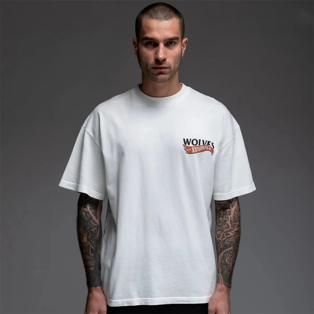 Oversize Black White 230G Cotton Hip Hop Streetwear Wolves Letter Print T Shirt Men Short Sleeve T-Shirt Cotton Loose Tops Tees