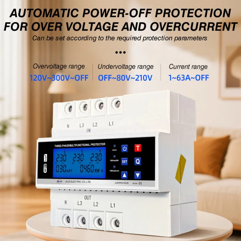 Three-phase WiFi 220V 60A Self-resetting Overvoltage Undervoltage Overload and Leakage Protection Device LCD Energy Meter