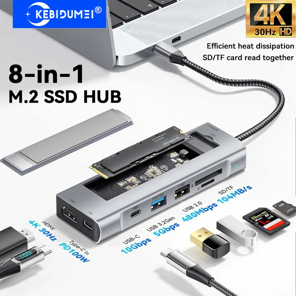 

8-in-1 USB C Hub with Disk Storage Function M.2 SSD Hub USB C Docking Station Type-C to HDMI Adapter USB Splitter For PC Laptop