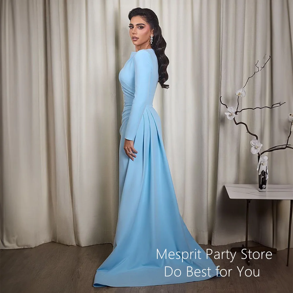 Sky Blue Mermaid Evening Dress Customized Round Neck Long Sleeves Pleat Sweep Train Saudi Arab Prom Gown Party Dresses