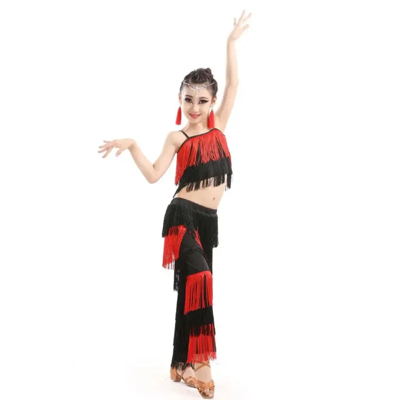 Samba tassel Latin dancewear costumes Girls Salsa ballroom Fringe trim dance Tops&Pants costume Adult Ballroom dancing dress