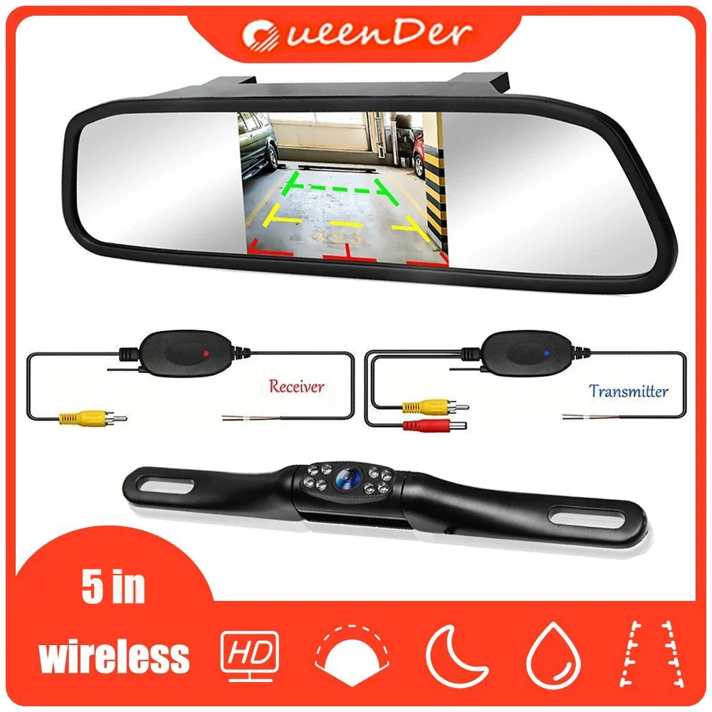 QueenDer Wireless 5 Inch Rear View Mirror Monitor + Car Backup Camera Kit Night Vison Camera for Car Pickup SUVs Vans