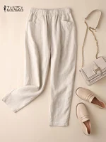 ZANZEA-pantalones de algodón Vintage para mujer, pantalones bombachos sólidos con cintura elástica, informales, holgados, de gran tamaño, estilo Palazzo