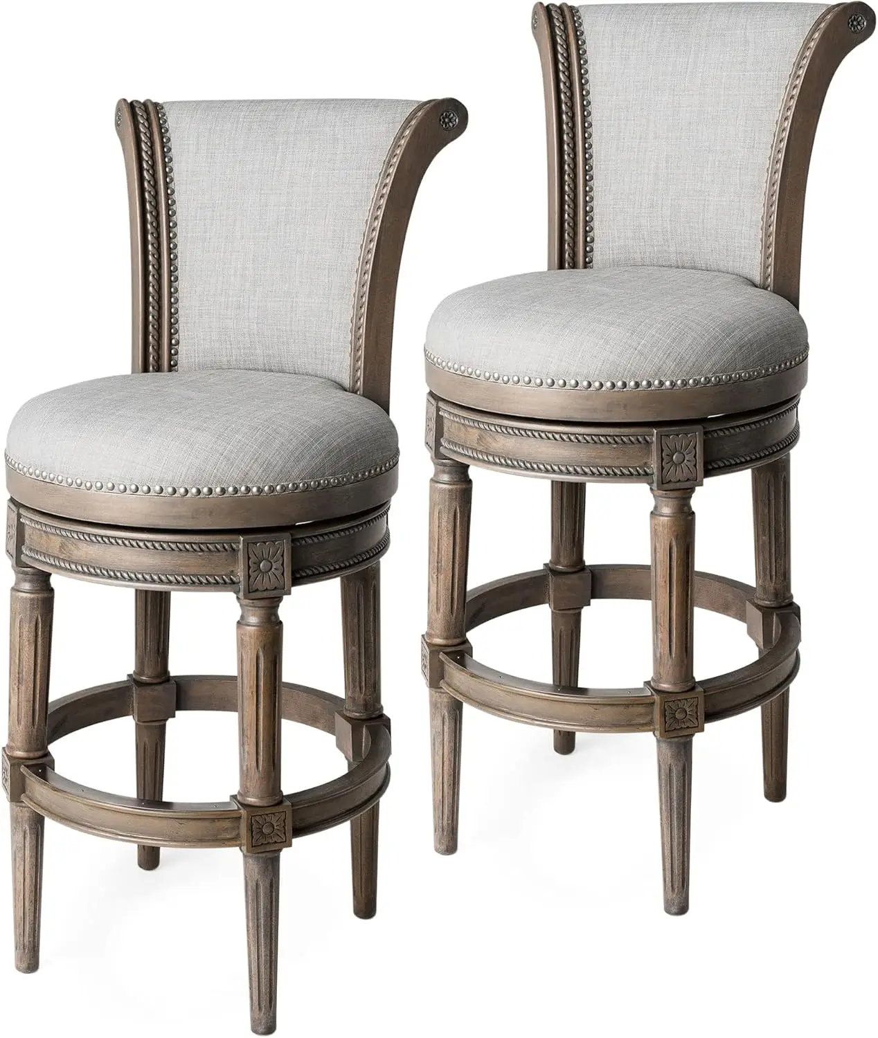 31 Inch Tall Bar Height Upholstered Barstool with Back in Reclaimed Oak Finish with Ash Grey Fabric Cushion Seat, Set of 2