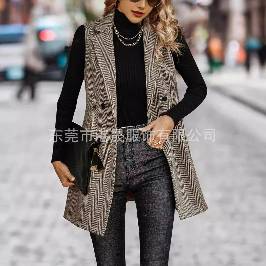 Woolen Long Vest Women Coat Sleeveless Double Breasted Waistcoat Jacket Winter Fashion Parkas Office Casual Gilet Femme Cardigan