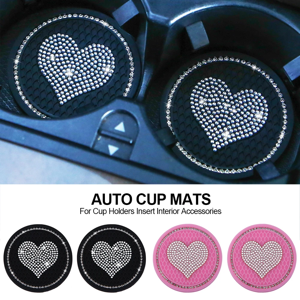 2Pcs Heart Shape Car Diamond Coaster Water Cup Pad Non-Slip Mat Silica Pad Bottle Holder Coaster Auto Interior Decor Accessories