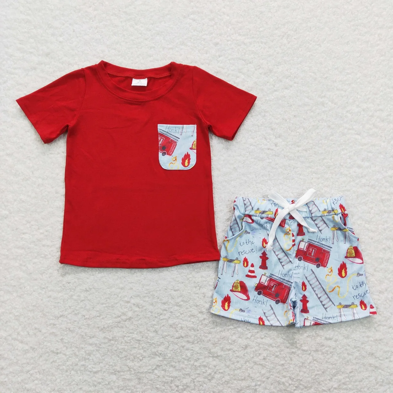 

Wholesale Toddler Baby Boy Summer Cotton Outfit Children Red Short Sleeves T-shirts Tee Pocket Fire Trucks Shorts Set Clothing