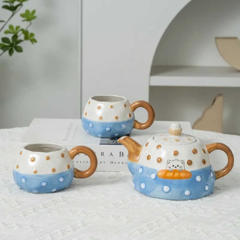 

3Piece Hand Painted Cute Ceramic Tea Set,1Teapot 2Cups, Polka Dot Instagram Style Coffee Mug Set, High Aesthetic Gift for Women